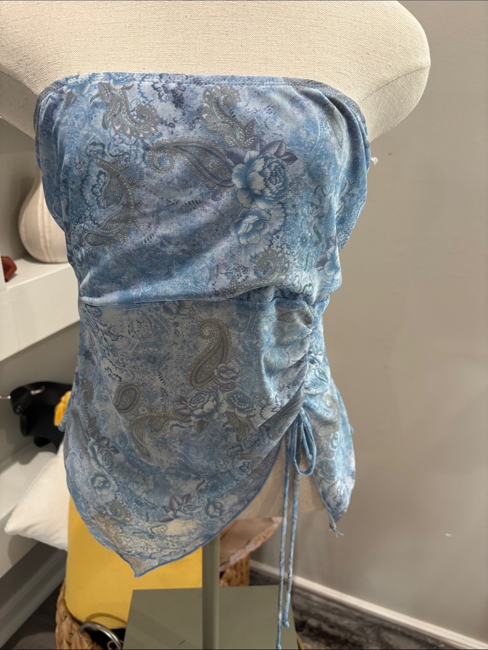 See You Monday Blue Paisley Strapless Ruched Side Tie Camisole